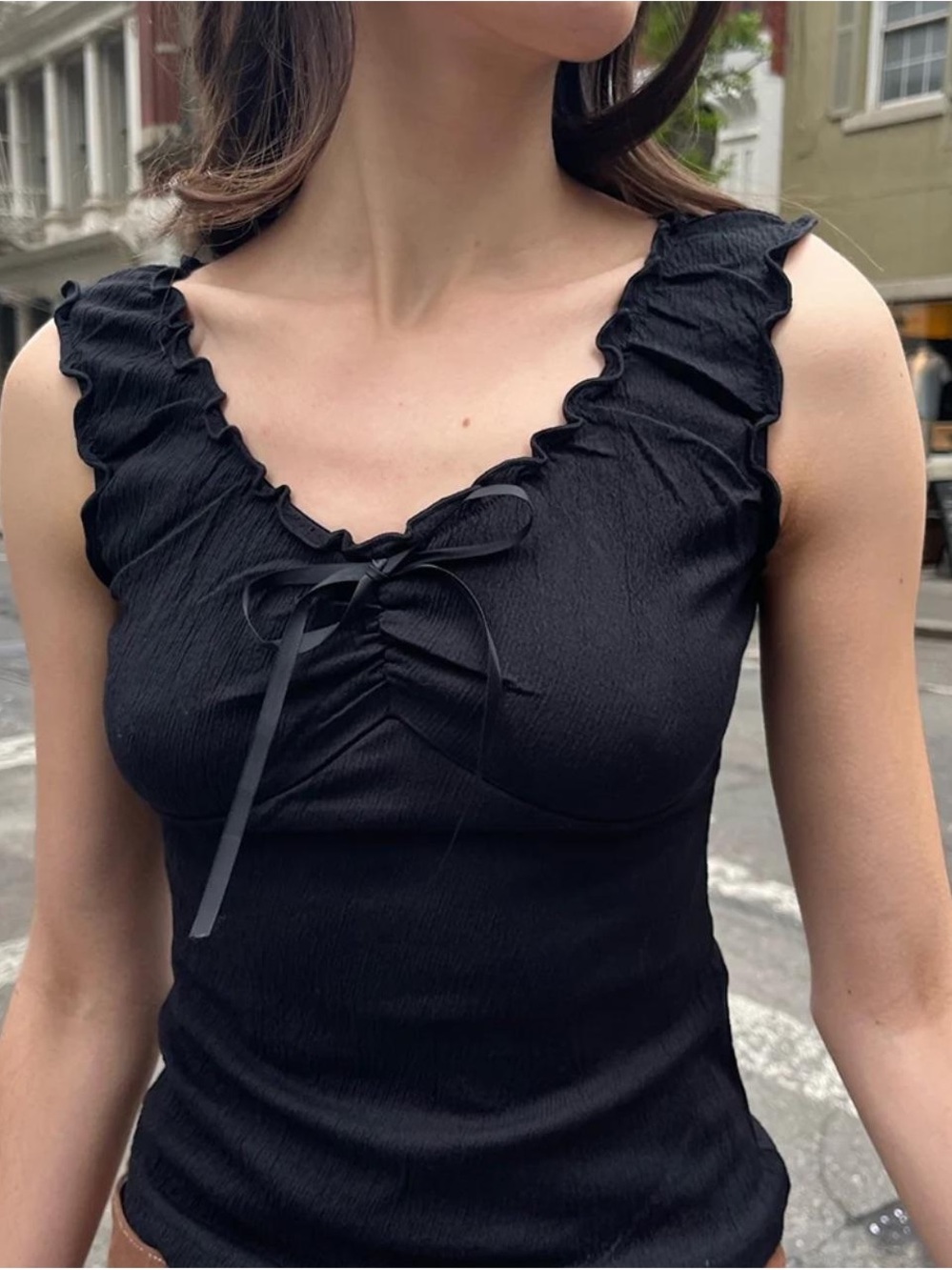Brandy Melville black crinkle ruffle tank top